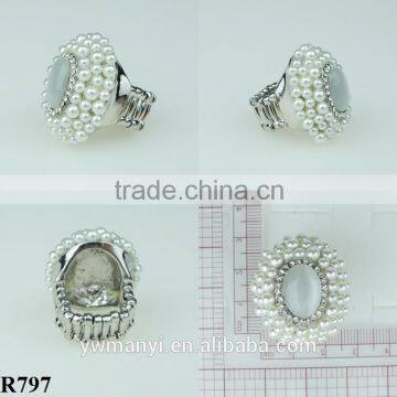Plated Silver Pearl Ring Rhinestone Rings Big Opal Ring R797 photo-2