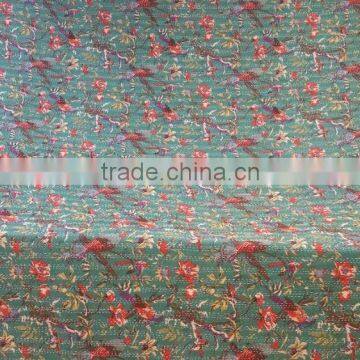 Green Bird Print Kantha Work Cotton Bed Cover