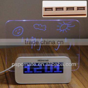 New Arrival Multifunction 4 Port USB Blue LED Hub with Alarm Clock and Memo Board