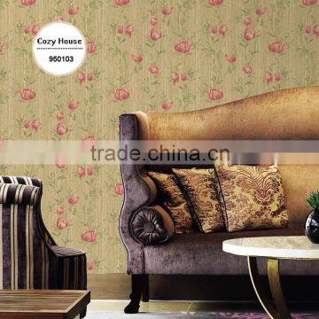 Buy Deep Embossed Pvc Wallpaper, Beige Pastoral Plant Wall Covering for Office , Environmental-friendly Wall Decor Distributor