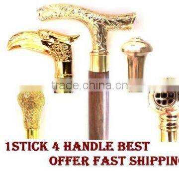 NAUTICAL BRASS WOODEN STICK / 1 HANDLE WITH 4 HANDLES WALKING STICK wk1174