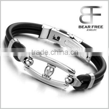 Guangzhou Wholesale Funny Stainless Steel Men's Cuff Bracelet Black Strand Silicone Rope Cord Bangle 15*185mm