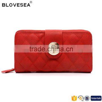 Leisure Style Diamond Lattice Stitching Design PU Leather Metal Zipper Women Wallet With Lock