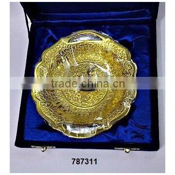 Gold Finish Embossed Brass Dry Fruit, Candy & Nut Bowl in Velvet Box for Corporate Gifts