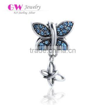 S034 Globalwin Silver Jewelry Antique Silver Blue Zircons Paved Butterly Charm Dangling Shiny Silver Charm