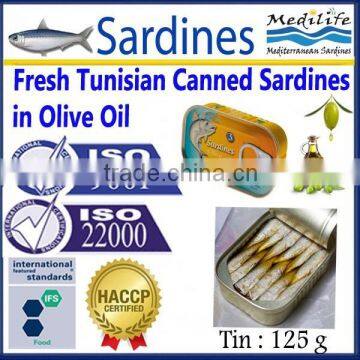 Fresh Tunisian Canned Sardines in Olive Oil, Canned Sardines in Olive Oil, Tunisian Fresh Sardines,in Cans with Olive Oil,125 g