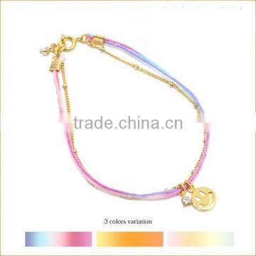 goldfill round smiling face charm bracelet tiny rhinestone charm bracelet colorful rope gold chain layered bracelet