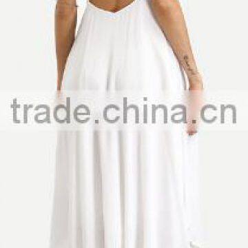 2016 Beach Wear White Spaghetti Strap Tassel Backless Sleeveless V Neck Asymmetrical High Low Midi Dress photo-2