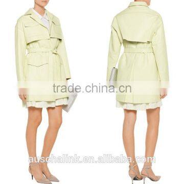 Fashion Design Women Light Green Leather Trench Coat OEM Service photo-5