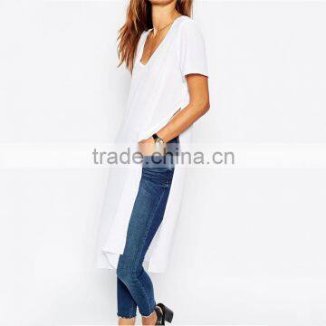 Girls Longline Plain White v Neck 100 Cotton White t Shirt photo-3