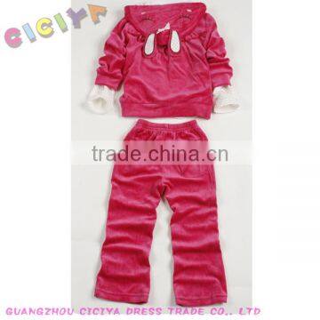 Rabbit designed girl velvet pajama 3pcs set(hoody jacket+hoody long sleeve high collar tshirt+long pants)