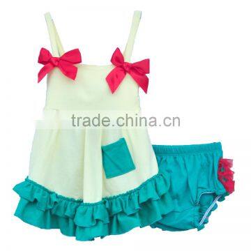 Wholesale kids clothes sleeveless baby girls outfits red bow green lace trimmings clothing sets