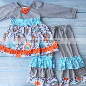 Fall Winter girl wear clothes raglan sleeves triple ruffles orange floral suit sets