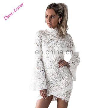 White Crochet Turtleneck Lace Shell Bell Sleeve Cute Sexy Mini Dresses