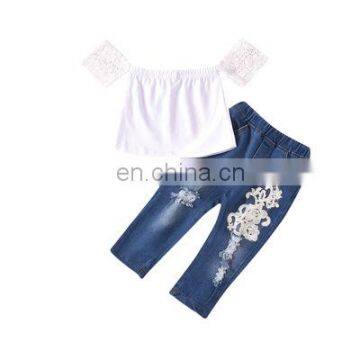 A0249# 2020 Baby Girl Clothes set Summer Tracksuit For Children Clothing Girls T-shirt+Broken Hole Jeans Kids lace Clothes set