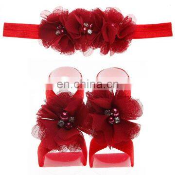 Newborn Chiffon Lace HairBand + Barefoot Sandals Foot Flower Baby Girls Pearl Headband 24colors