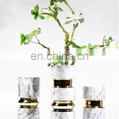 Ceramic Home Decorative Flower Marble Ceramic Vase With Golden Metal photo-3