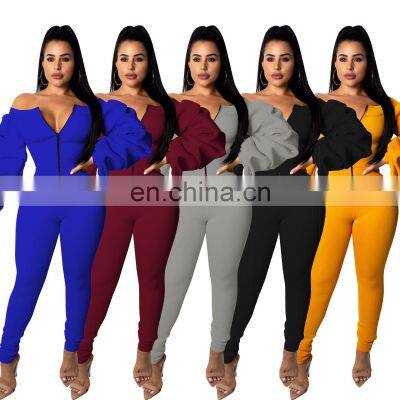 Clothing wholesale custom fashion trend strapless sexy jumpsuit zipper puff sleeve trousers plus size women's clothing