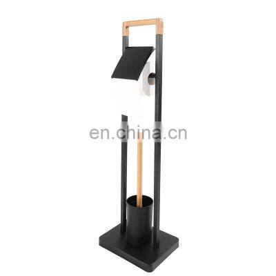 Bamboo Standing Black Bathroom Toilet Brush Holder photo-3