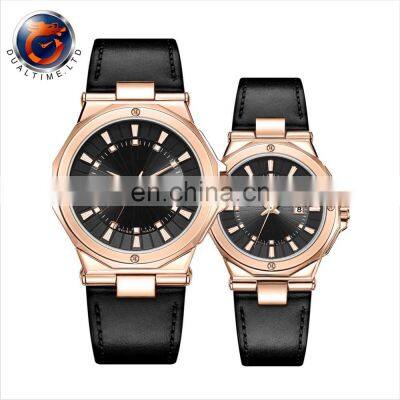 Luxury Classic Quartz Couple Watch Date Japanese Luminous Stainless Steel Black Genuine Leather Watch