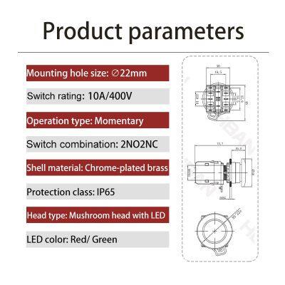 Ip65 22mm Metal Mushroom Head Dot Illumination 20a 24v 1NO 1NC on off Buttons Self Recovery photo-2
