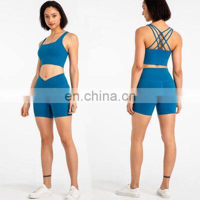 New In Stock High Waist Cross Waistband Shorts Match Bra Two Piece Yoga Sets Tummy Control Sports Shorts Set Suit Women Gym Wear