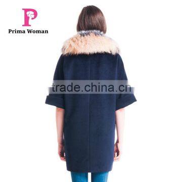 Autumn and Winter Length Seven Points Women Coat With Silver Fox Fur Collar Cashmere Overcoat photo-3
