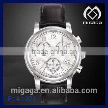 Fashion White MOP dial Chronograph Women's Quartz Watch Leather Strap