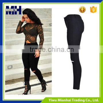 Street Fashion Beggar Hole of Tall Waist Elastic Europe Personality Jeans Trousers photo-3