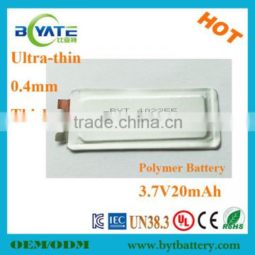 New Arrival 3.7V20mah 0.4mm Lipo Watch Battery Factory