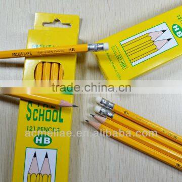 Standard size hexagonal shape yellow body graphite HB pencil sharpened with eraser