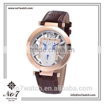 Rose Gold Stainless Steel Genuine Leather Strap Water resistant Skeleton Quartz Watch