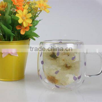 beautiful decaling pattern borosilicate double wall glass cup