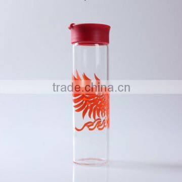 Best selling borosilicate /pyrex glass water/juice bottle with PP cap and colorful (red, black) decal