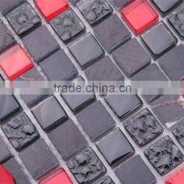 Black Marble Stone Mix Red Crystal Glass Wall Mosaic Tile