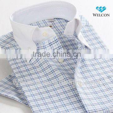 European style latest brand design 100% cotton button down collor blue plaid luxury short sleeve men shirt