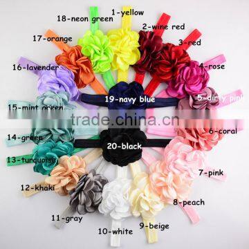 Baby hair accessory satin fabric rolled flower with elastic headband,infant satin rosette elastic hair tie