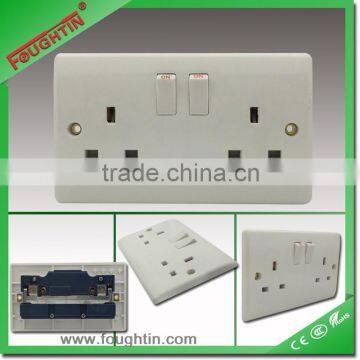 double UK socket with switch white color plastic plate wall switched socket