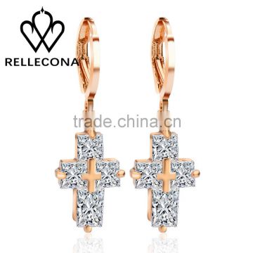 Zircon Earrings, Gold AAA Zricon Earrings, Platinum Plated Zircon Luxury Cross Drop Earrings