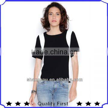 Contrast Color Patchwork Women Casual Cheap Tshirt Ladies Tops Images Custom SHK64
