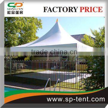 16x16 Chinese hat marquee anchored by stakes over the swimming pool as a sun shelter