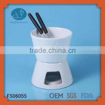 cooking tools,,porcelain fondue set used with folks and candle,White Ceramic Chocolate Fondue With Logo