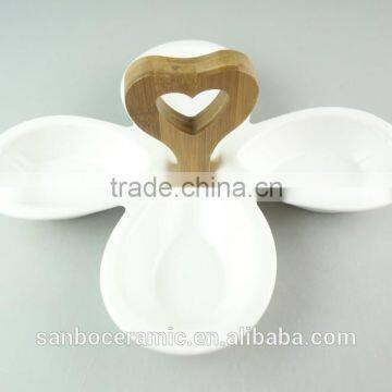 Wholesale Ceramic White Dinner Plate Divided Serving Platter & Wooden Handle photo-2