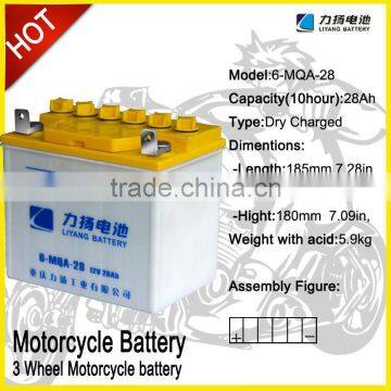 Three wheel motorcycle battery 6-MQA-28,12V28Ah three wheel bike battery