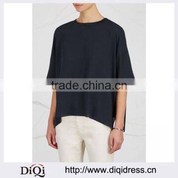 Wholesale Women Apparel Knitted Ribbed Neckline Navy Silk Crepe T-shirt(DQE0357T)