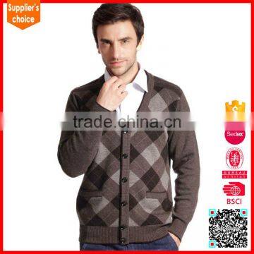 Latest design intarsia cardigan mongolian cashmere sweater for mens