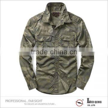 Cotton Fashion Olive Green Military Style Long Sleeve Shirt photo-3