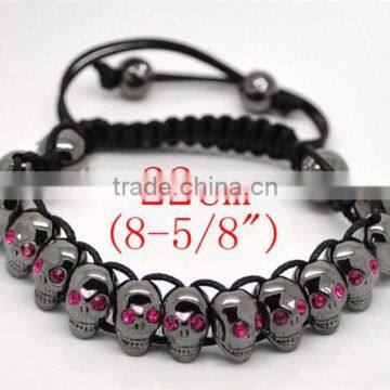 Fuchsia Rhinestone Halloween Skull Beads & Hematite Beads & Black Braiding Adjustable Bracelet 22cm-25cm