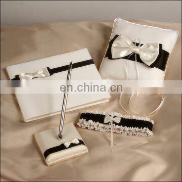 Exquisite White & Black bow-knot decoration wedding guest book /pen holder/ring pillow/flower basket set