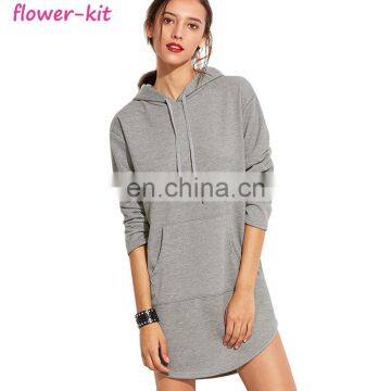 2017 Fall Gray Hooded Sweatshirt Dress Long Sleeves Pocket Hoodies for Women